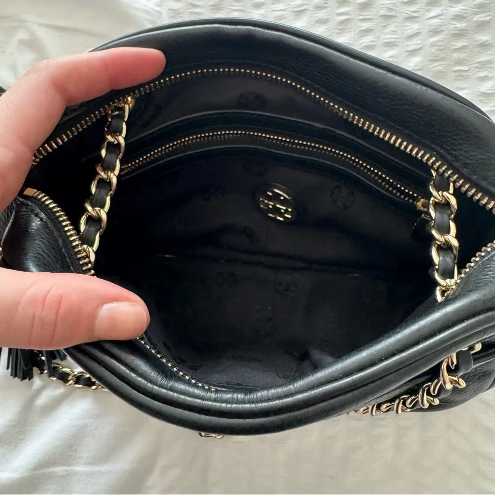Tory Burch Thea Black Leather Crossbody Bag with Chain Strap and tassel